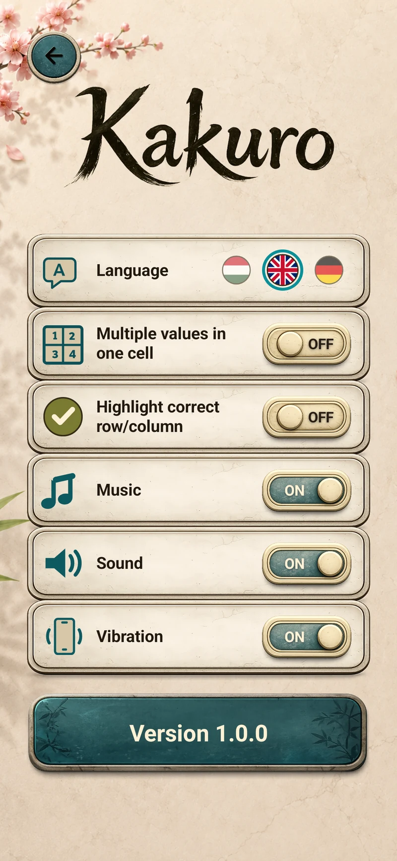 Kakuro settings
